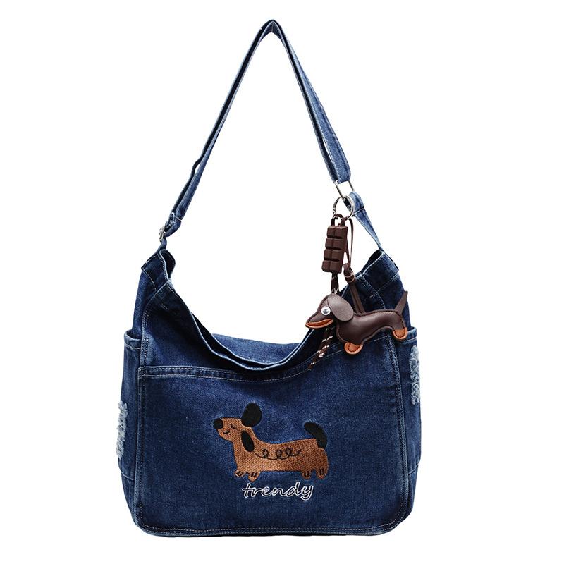 

Cowboy Shoulder Bag, Japanese Style Large Capacity Sausage Dog Crossbody Bag, Female Student Class Bag темно-синий
