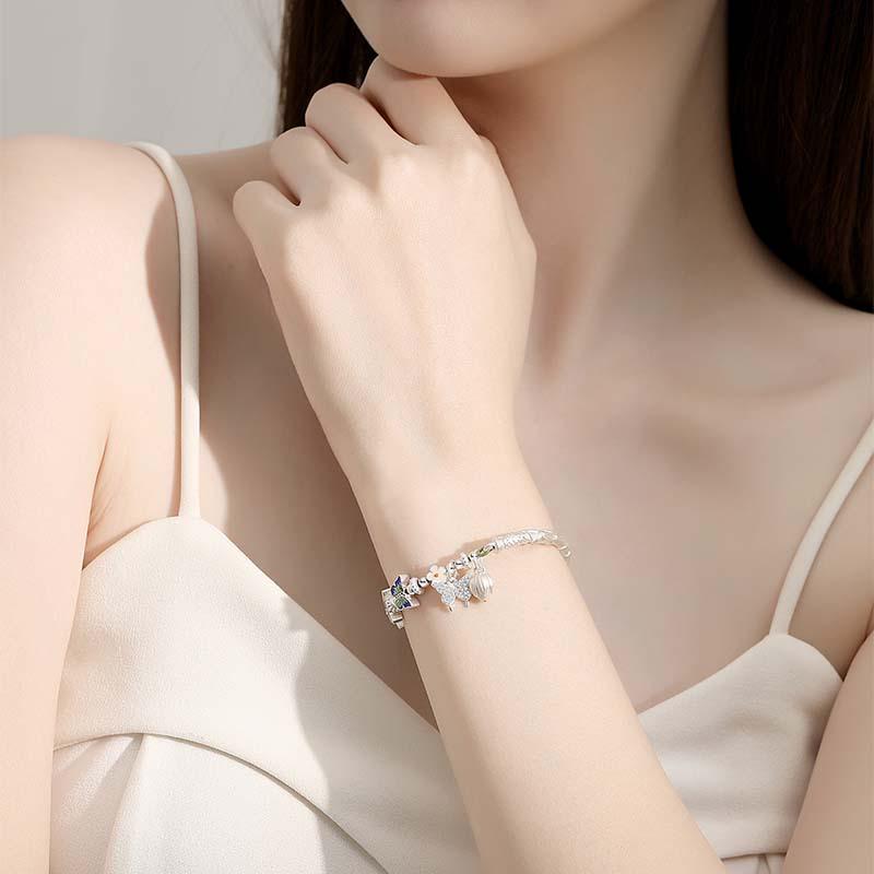 925 Sterling Silver Small Flower Butterfly Half-Bangle Half-Chain Bracelet - Light Luxury, High-End New Chinese National Style