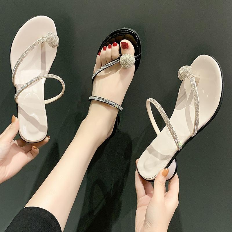 Thick-heeled slippers women's summer outer wear new with skirt rhinestone sandals women's versatile toe sandals
