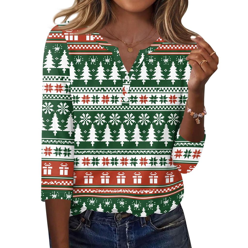 Women's Casual Christmas Print V-Neck Button-Front Three-Quarter Sleeve T-Shirt Top