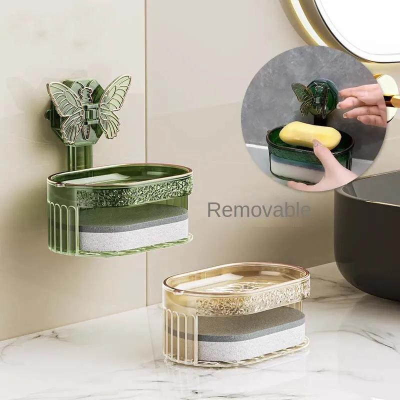 1PCS Butterfly Suction Cup Soap Holder Double-Layer Soap Box with Sponge No Drilling Drainage Water Soap Storage Bathroom Shelf