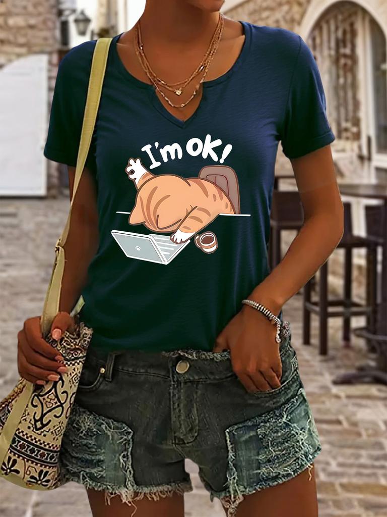 Women's Summer V-Neck Short Sleeve T-Shirt, "I'm OK!" Lazy Cat Office Print, Funny Cat Lover Casual Fashion Top