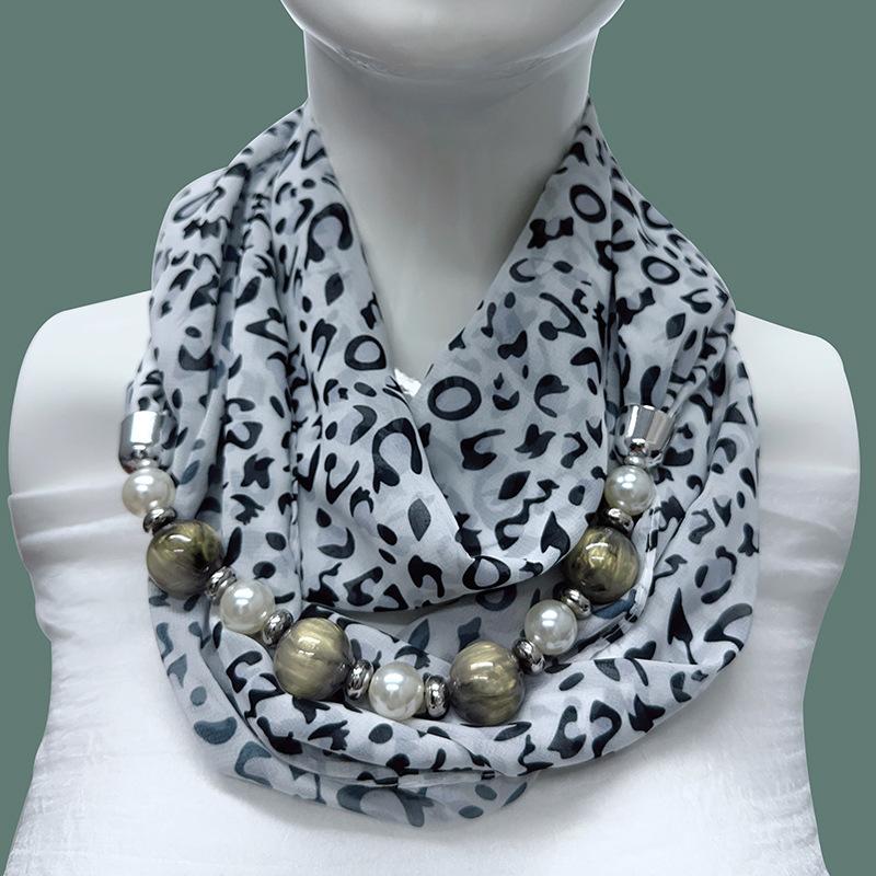Chic Printed Scarf Necklace with Pearl and Bead Accents – Lightweight Chiffon Infinity Scarf for Women, Fashion Statement Accessory