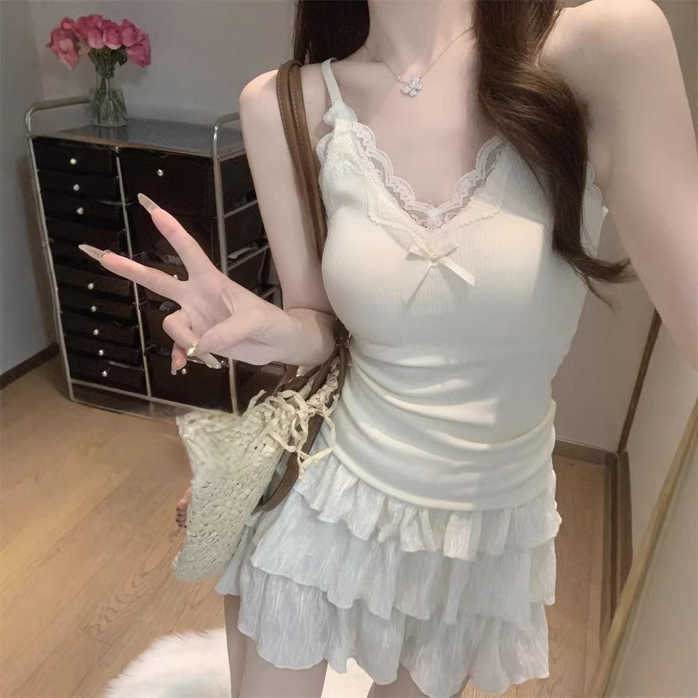 Sweet Spice Girl V-Neck Lace Edge Bow Suspender Vest Women's Summer New Slim Skinny Inner Bottom Top