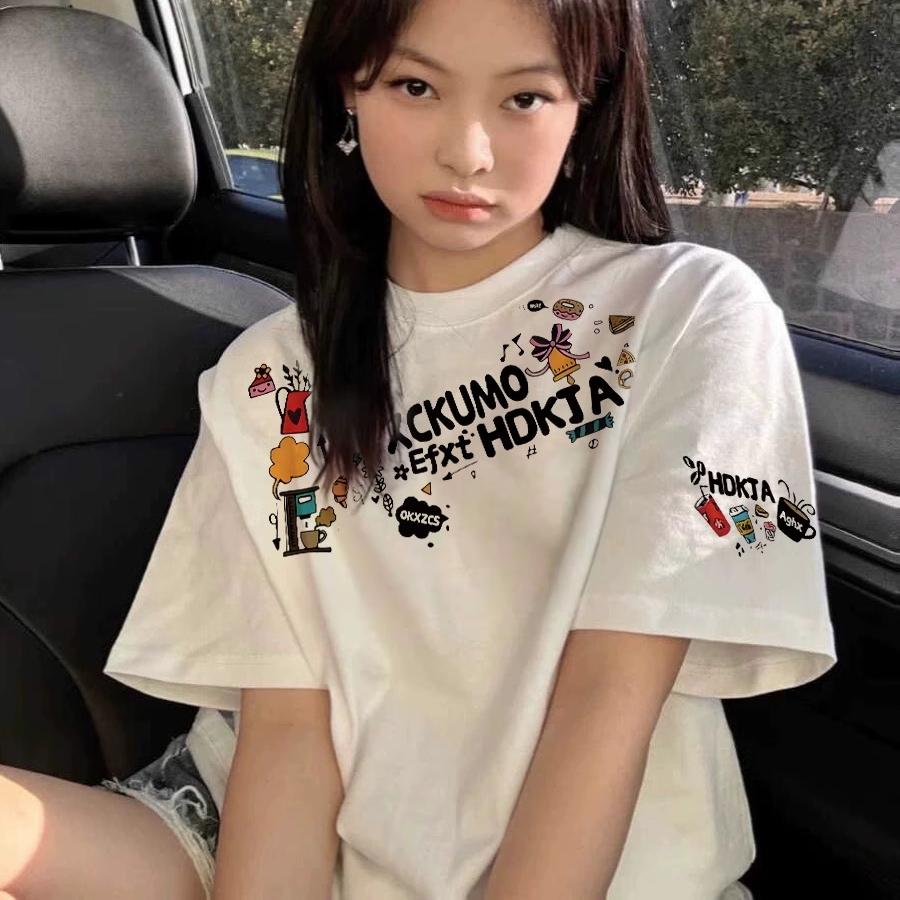 2025 Sommer lustiges Cartoon Buchstaben Print T-Shirt für Frauen Kleidung Harajuku Oversized T-Shirt hohe Qualität 200G 100% Baumwolle T-Shirt weiß Y2k Tops