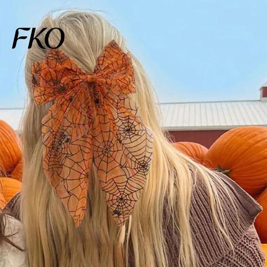 Lightweight Hair Clip Halloween Spider Web Bow Clip, Pumpkin Eyeball Tulle with Long Tails, Women Accessories for Holiday Party Accessory