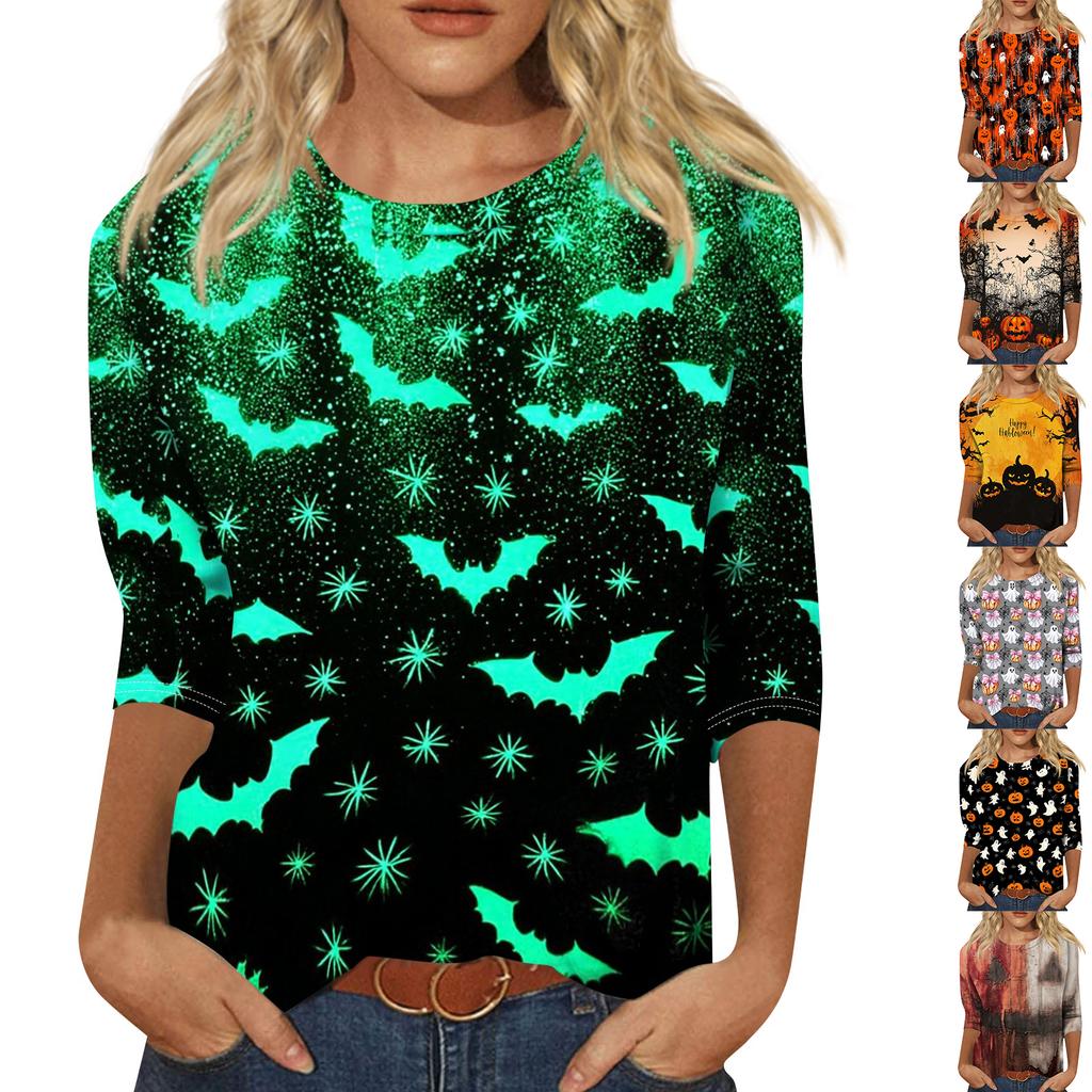 Women's Casual Halloween Print Round Neck Three Quarter Sleeve T Shirt Top Loose Fit Comfortable Fabric Seasonal Design