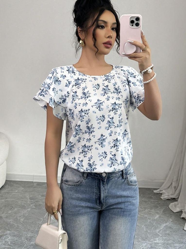 European and American new round neck short-sleeved printed women's top