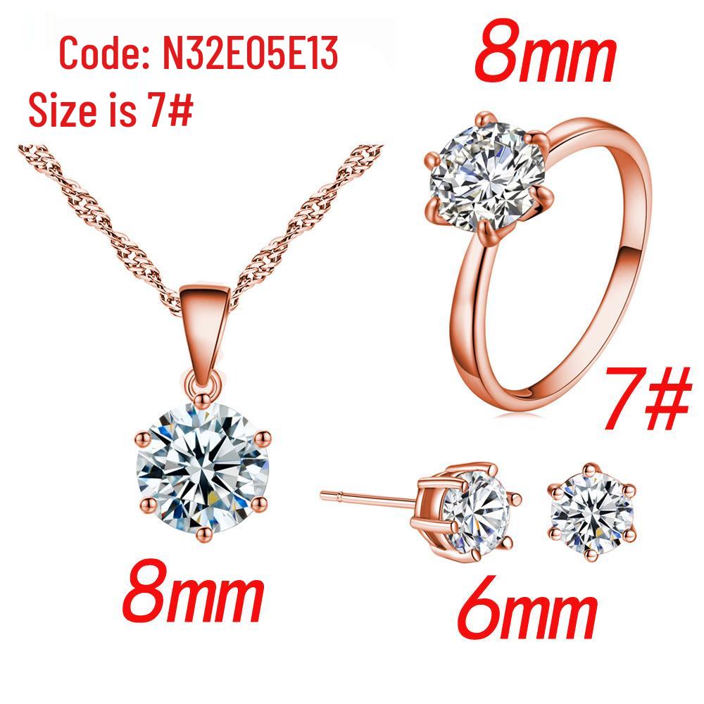 Korean Style Bridal Jewelry Set: Six-Prong Colored Zircon Necklace, Stud Earrings & Ring