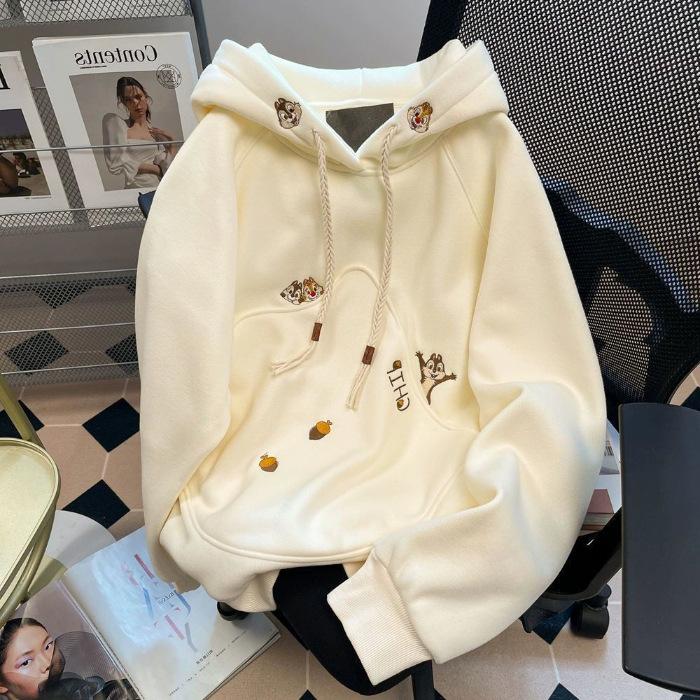Design sense niche squirrel embroidered hooded sweater women s autumn and winter versatile plush thickened top tide #2244 plush 2XL