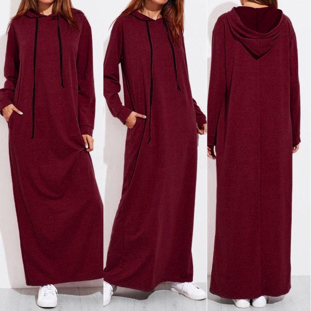 Damen Maxikleid Langarm Kapuze Damen Lässige Kapuzenpullover Lange Kleider