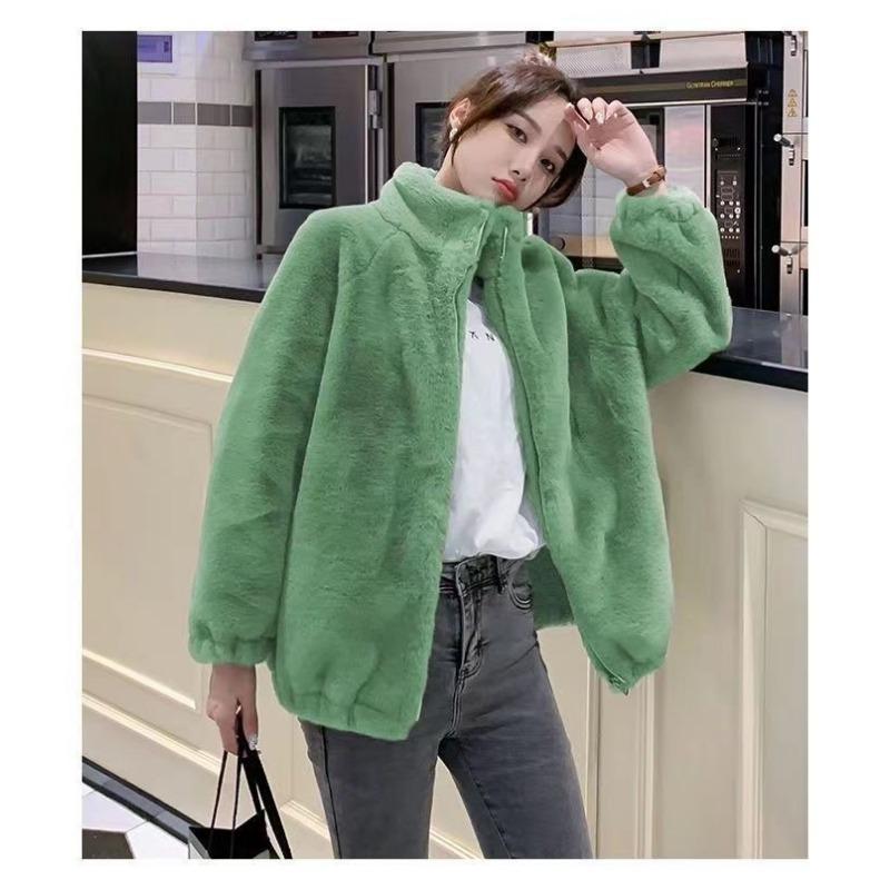 Women Plus Size Fleece Lined Zip Up Stand Collar Loose Winter Coat