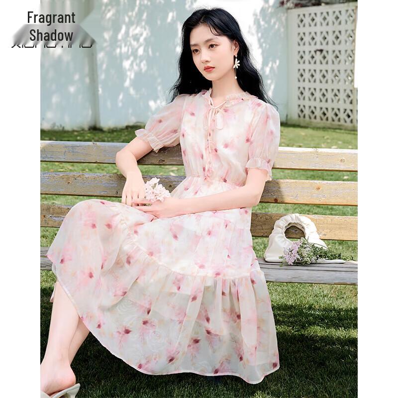 Xiangying V-Neck Printed Chiffon Dress M