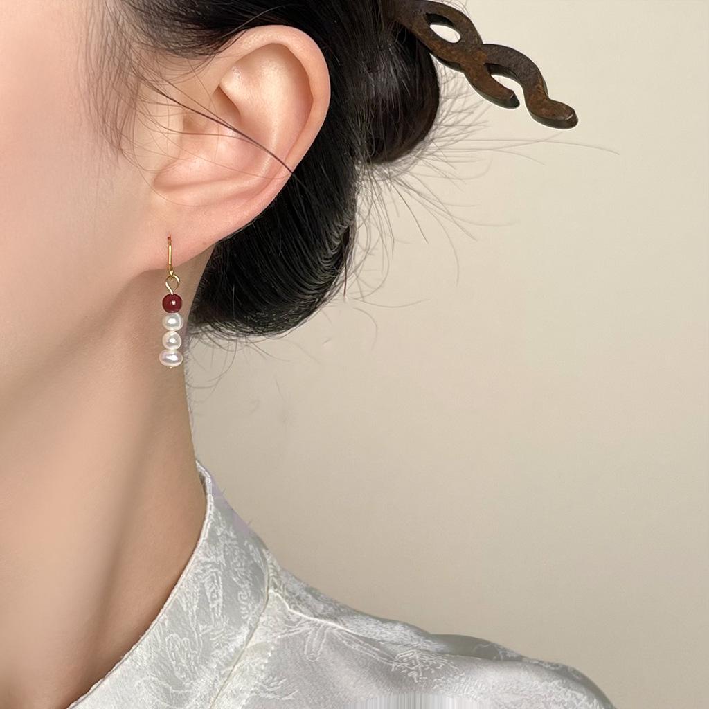 Boucles d'oreilles Guochao Perle d'eau douce naturelle Bloc de couleurs Rétro Style chinois pour femmes