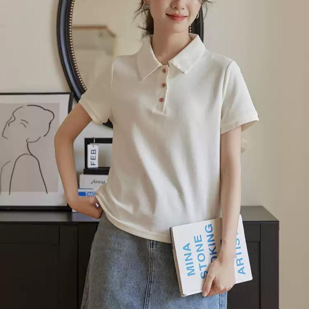 Letní jednoduchá jednobarevná trička Dámské polo límeček Krátký rukáv studentské bílé tričko ležérní volné Elastické y2k Topy dámské oblečení