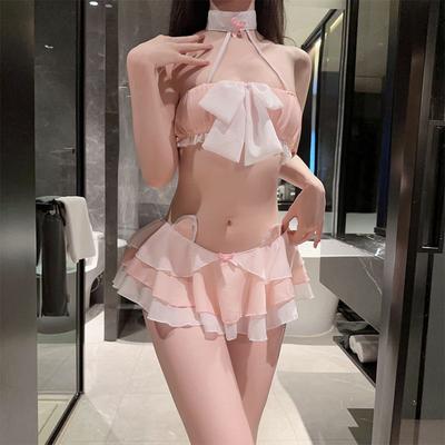 Kitty Maid Dress Sexy Cute Hanging Neck Split Sweet Pure Desire Bow Mesh Skirt See-through Dress Girl Game Party Play UniformSet