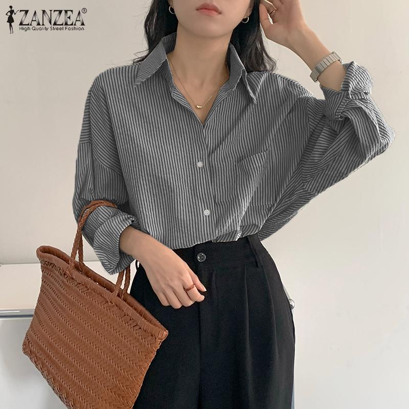 

ZANZEA Женские повседневные блузки в полоску с отложным воротником и длинными рукавами, рубашки