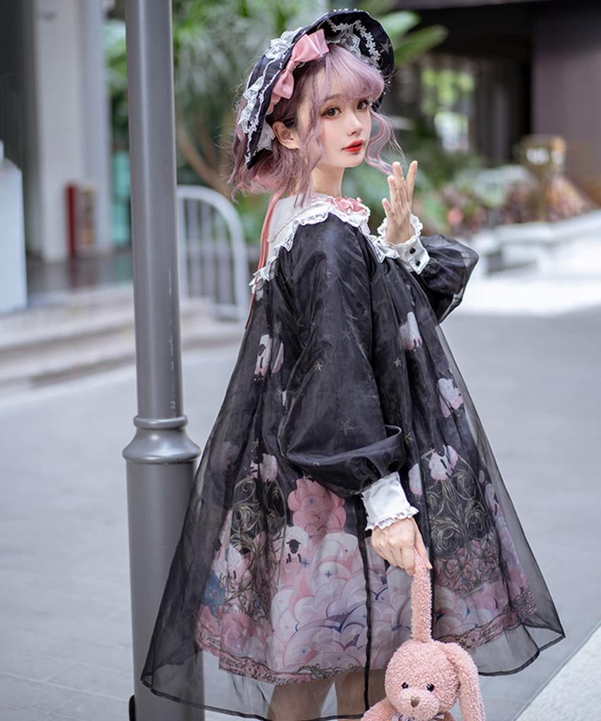 Milky Time Gothic Lolita Dress, Long Sleeve, Black Chiffon, Sheep Print, Cosplay Costume, Women's, Medium