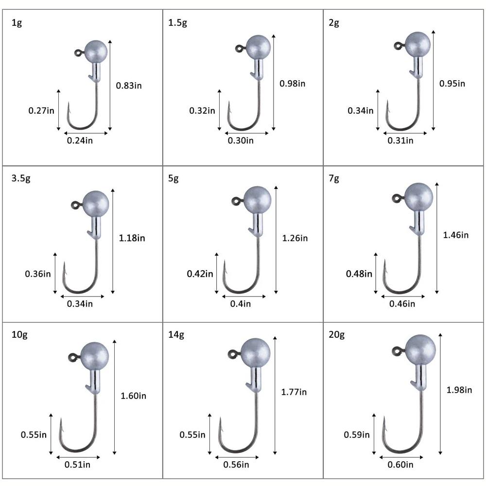 Metal Jig Head Fishing Hook 20/30/40/50pcs/Box 1g 1.5g 2g 3.5g 5g 7g 10g 20g Jig Hooks for Soft Worm Lure Carbon Steel Fishhooks