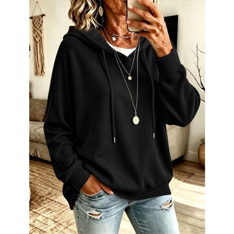 Women S Solid Drawstring Hooded Knit Loose Fit Casual Sweatshirt With Pockets