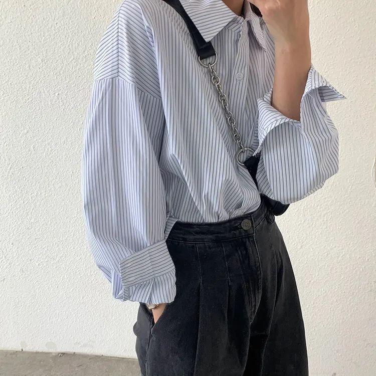 WTEMPO Office Ladies Spring Fall Striped Bottoming Long Sleeve Shirts Women Large Size Butttons Turn-down Collar Casual Shirts