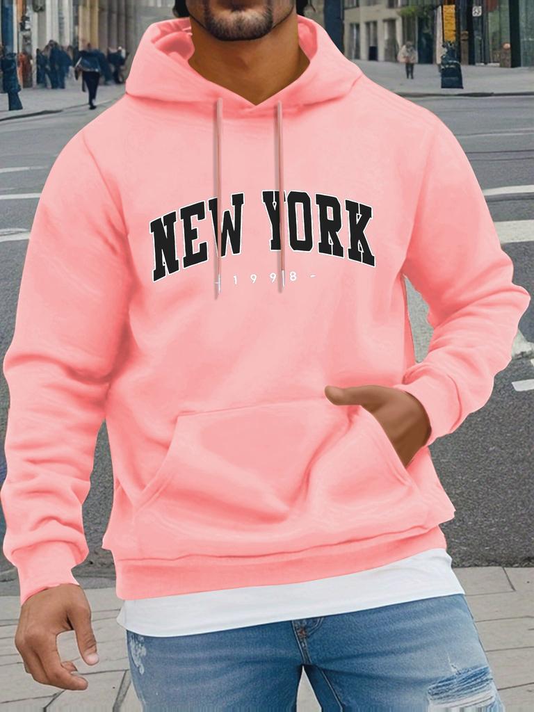 Vintage Curved NEW YORK 1998 Letter Print Men's Light Gray Hoodie, Hip Hop Sports Loose Pocket Street Sweatshirt