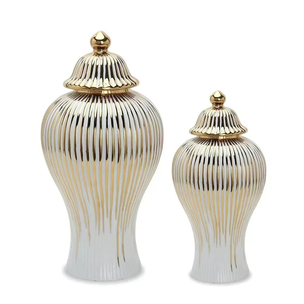 Ceramic Vase Universal Jar with Lid Golden Stripes Decor Ginger Jar Storage Bottle Desktop Porcelain Ornaments Home Decor Vase