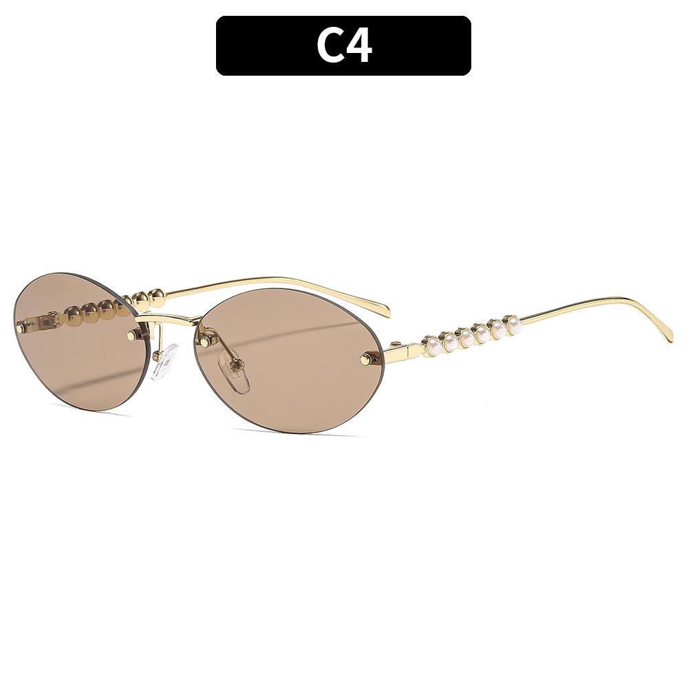 Ladies sunglasses, rimless oval sunglasses, pearl embellished sunglasses.