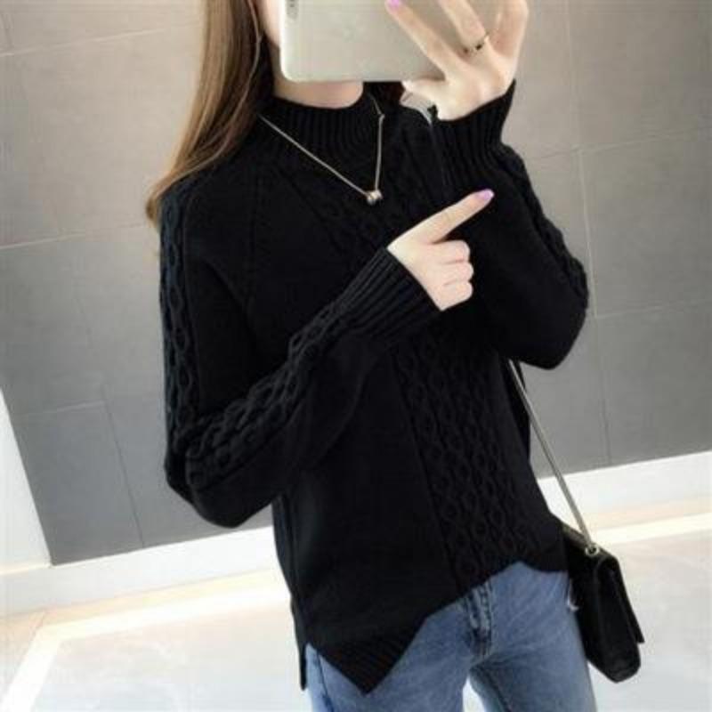 Women's Semi High Neck Sweater Loose Mid Neck for Autumn and Winter Stylish and Thick Sweater