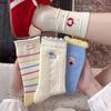 Cute Cartoon Embroidery Lace Mid-Calf Socks - Japanese Sweet Style, Seamless Ruffle Design for Women & Student Fashion