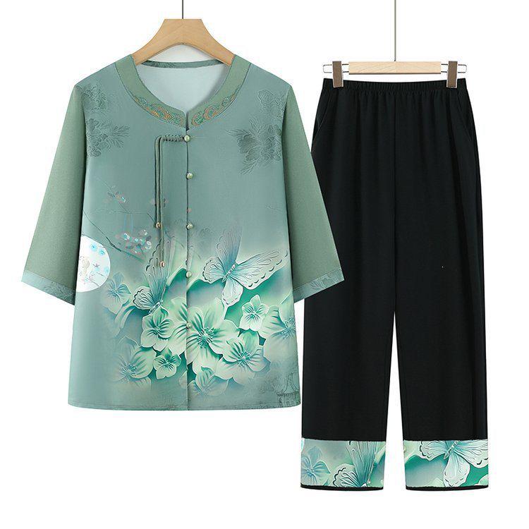 

Summer 2026 Chinese Style Shirt Set for Middle-Aged and Elderly Women 3XL 120-130 lbs зелений