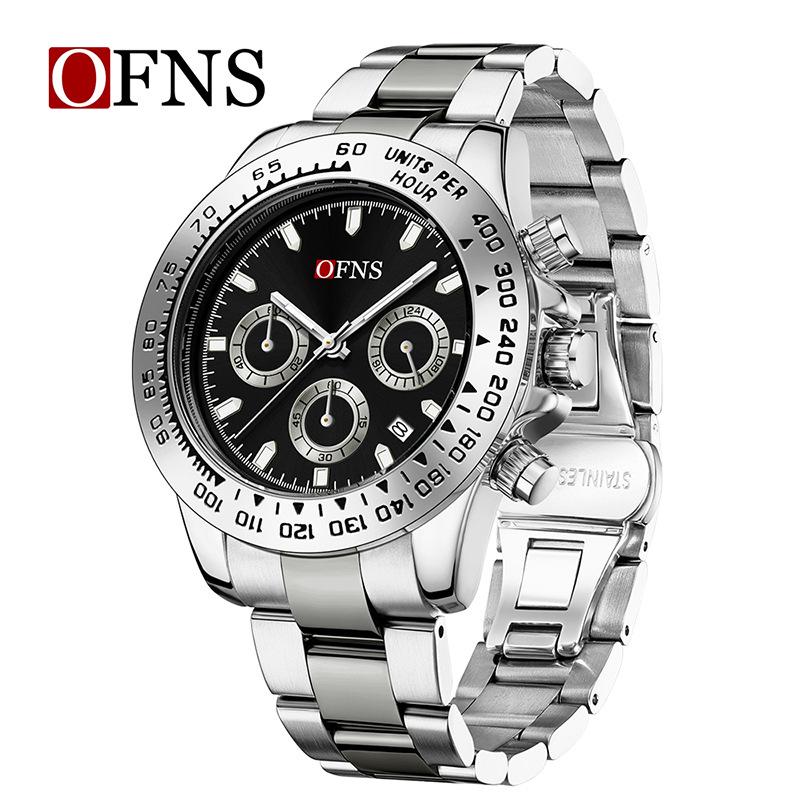 OFNS Men's Quartz Watch: Fashionable Business Design, Six-Hand Dial, Calendar, Solid Steel Band, Waterproof.