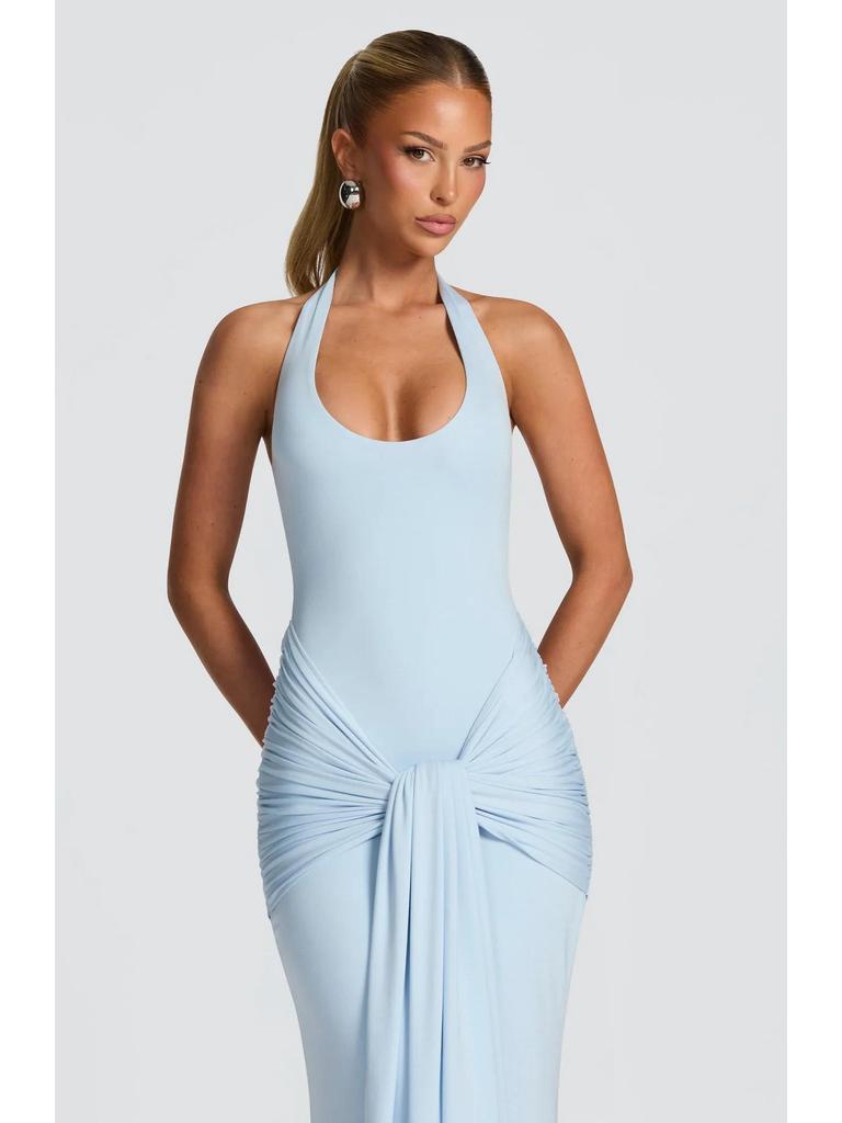 2025 Women's European & American Style Spliced Strappy Long Slim Fit Halterneck Formal Dress