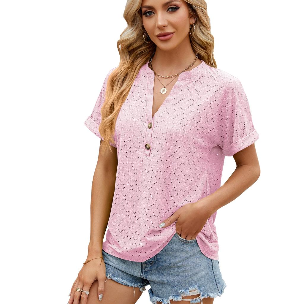 Spring and Summer Solid Color V-neck Button Loose Short-sleeved T-shirt Top Women's Clothing