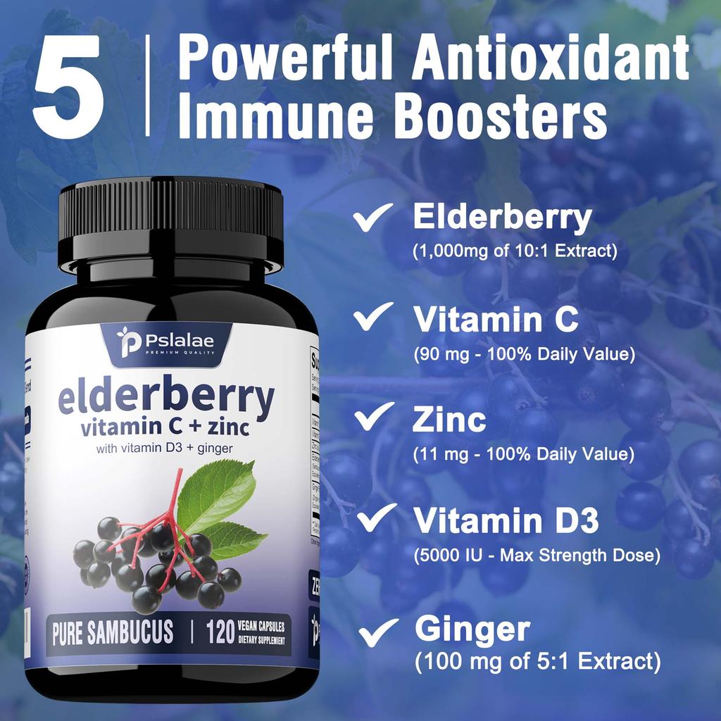 Pslalae Elderberry Capsules, Containing Vitamin C, Vitamin D3 Extract, Immune Support, and Antioxidant Supplement.