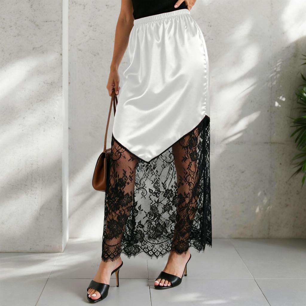 Women's Lace Maxi Skirt with Satin A-Line and High Elastic Waist for Daily Wear