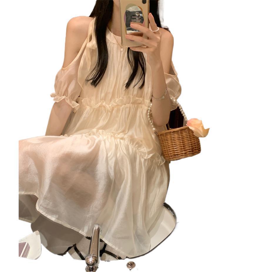Pure Desire Wind Open Shoulder Straps Crew Neck Dress Women's New Summer Gentle Temperament Sweet First Love Skirt