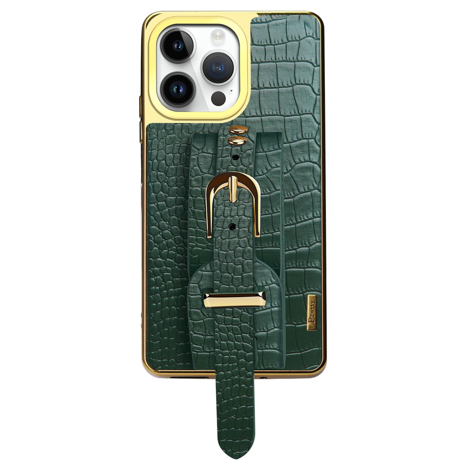 

For iPhone 16 Pro Case Crocodile Texture PU Leather+TPU Electroplating Phone Cover Wristband Kickstand E