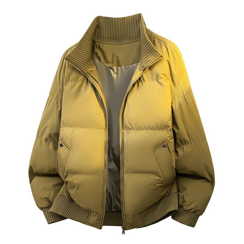 Unisex Winter Stand Collar Padded Cotton Jacket Rib Cuff Warm Zipper Short Coat Couple Loose Casual Outerwear for Men Women