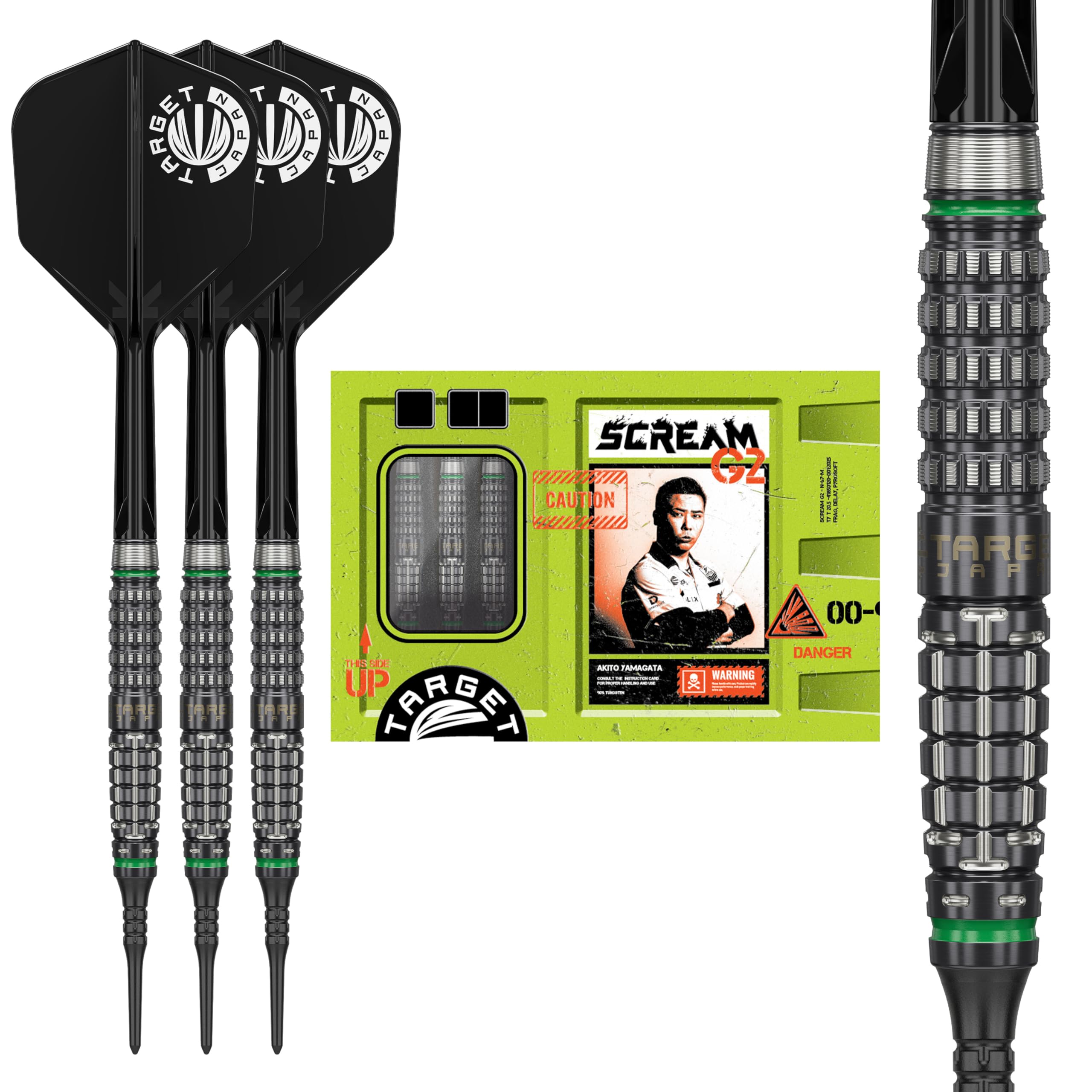 

Target Japan PRIME SERIES SCREAM GEN2 Akito Yamagata Tungsten 2BA Soft Tip Darts 6 Shape Flights and Shafts 90% K-Flex Set, 19.0g, K-Flex No.