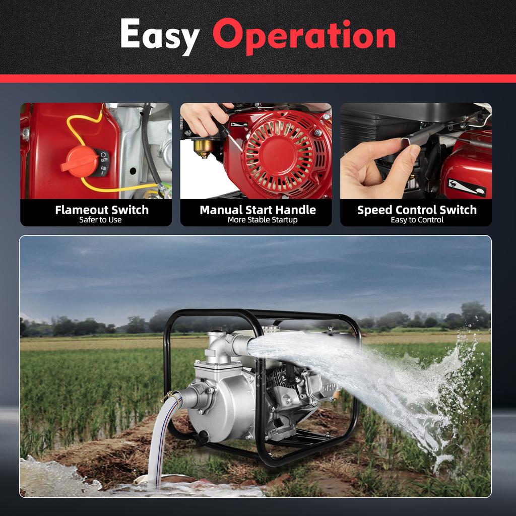 Gas-Powered 2-Inch 6.5HP 4-Stroke Gas Water Semi Trash Pump Gas-Power Water Irrigation Transfer Pump