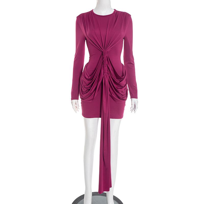 European Cross-border Women s Elegant Pleated Sash Long-sleeve Slim-fit Short Dress Medium фуксия