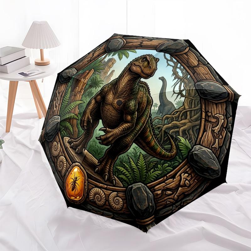 Prehistoric Jungle Adventure Pattern Umbrella, Portable and Foldable Design, 8 Ribs, a Casual Accessory for Halloween, Christmas, and Birthday Gifts.