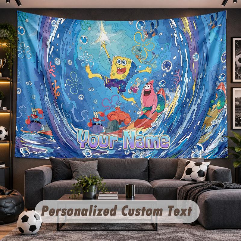Wall Hanging Tapestry Custom NameSpongeBob Pattern Personalized Printed Fabric Wall Decor