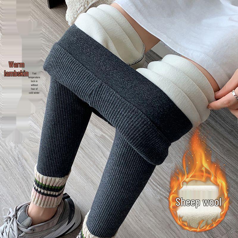 Women's Fleece-Lined High-Waist Leggings: New Autumn/Winter Style with Ribbed Ankle Cuffs, Slim Leg, and Warm Thread for Outdoor Wear.