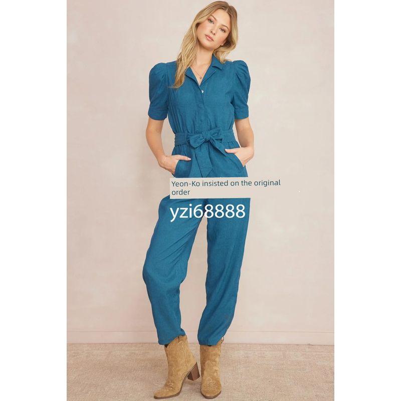 

Бренд Лос-Анджелес Тонкий вельвет V-образный вырез Элегантные брюки Модный Модный Ретро Комбинезон с поясом Blue Jumpsuit L