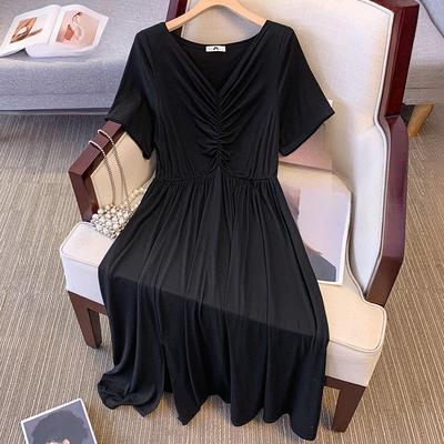 Plus Size Women's Summer V Neck Simple Temperament Folds Sag Loose Dress