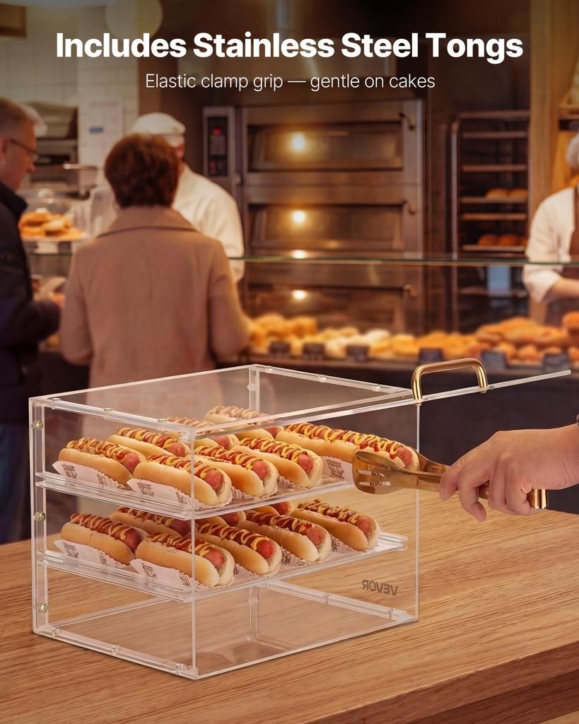 Bakery Display Case, 3-Tier Commercial Countertop Pastry Display Case, Clear Acrylic Bread Box for Kitchen, Party Cake Cabinet with Flip-Up Door for