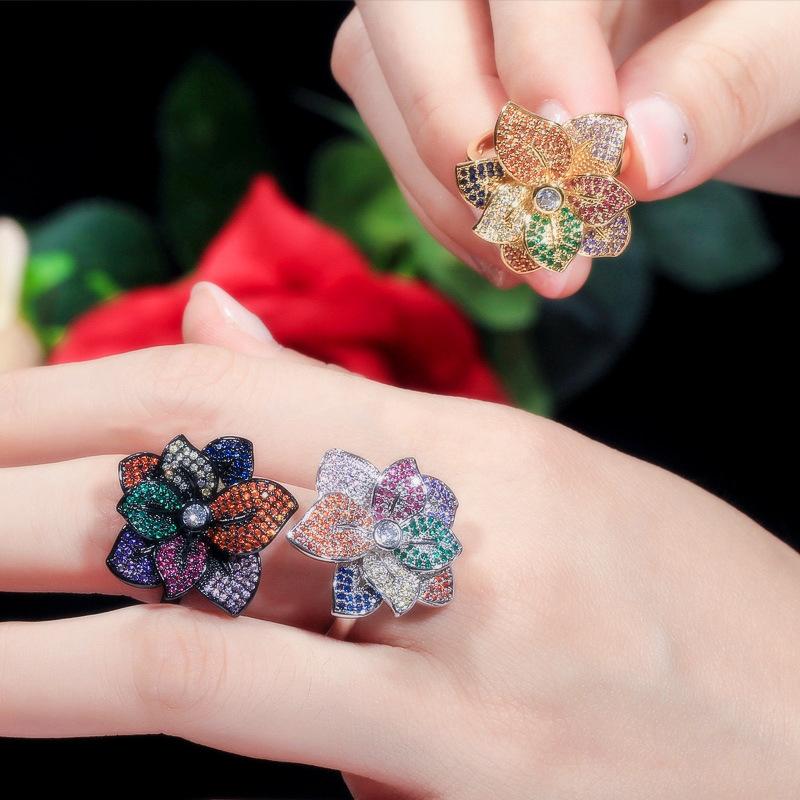 J0113 Full Of Colorful Zircon Flower Ring, Adjustable Women'S Ring
