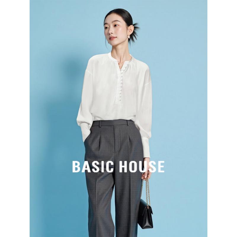 Basic House Women s French Design Stand-Up Collar Puff Sleeve Blouse XL